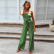 Clarisse Fontenard | Strapless Tie Waist Wide Leg Jumpsuit in Beige