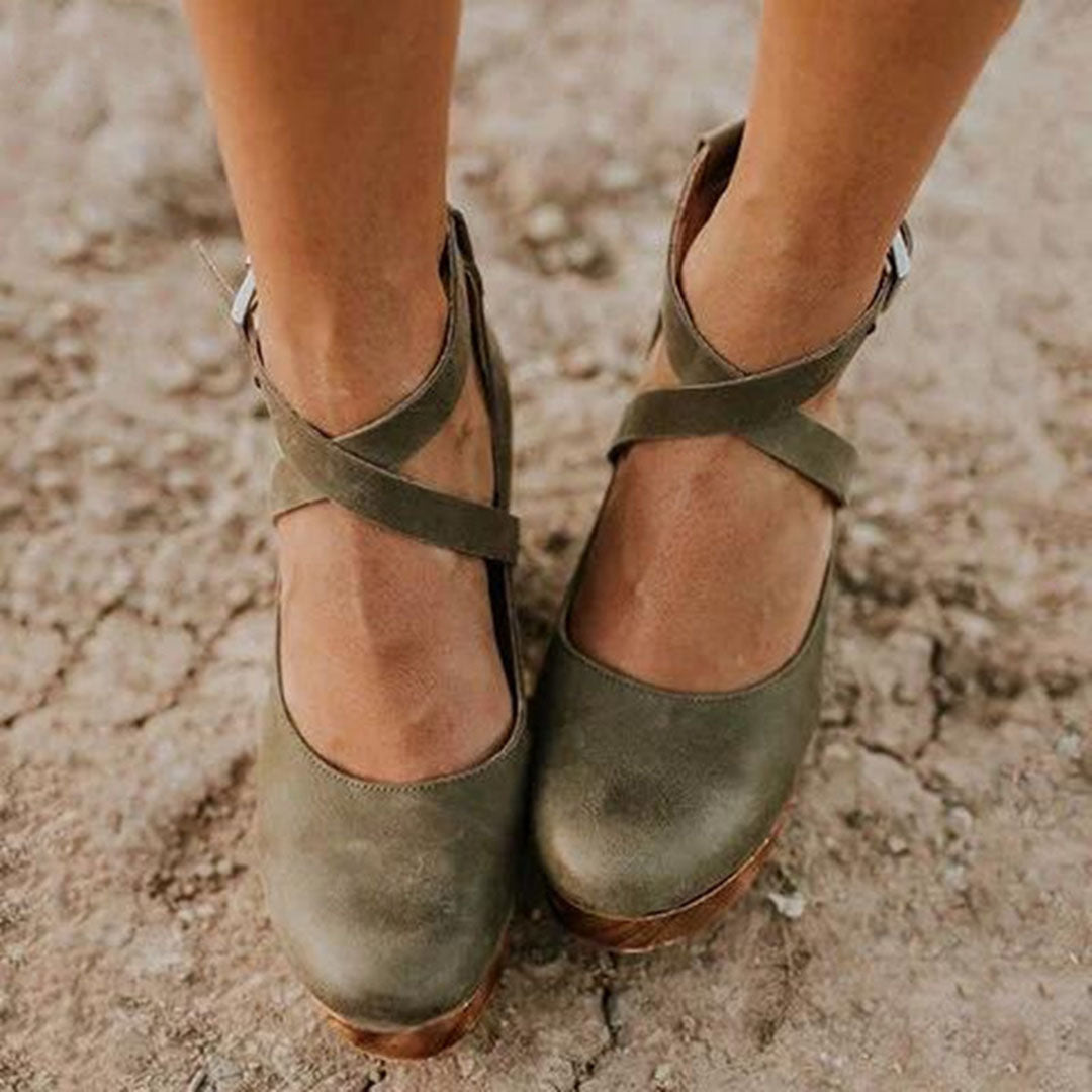 Natalie Fontbrière | Black Closed-Toe Wedge Heels with Ankle Strap