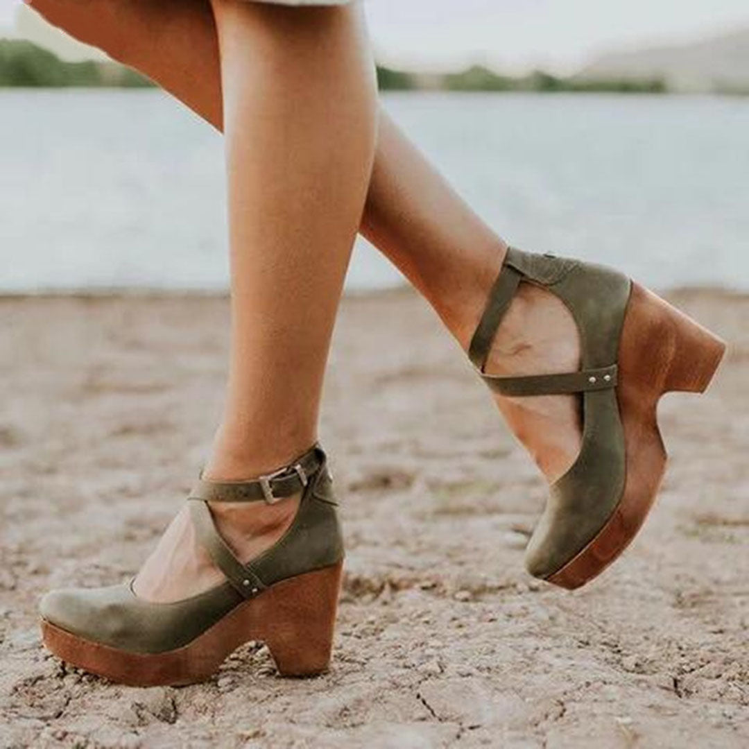Natalie Fontbrière | Black Closed-Toe Wedge Heels with Ankle Strap