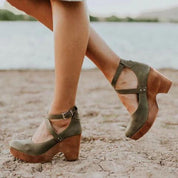 Natalie Fontbrière | Black Closed-Toe Wedge Heels with Ankle Strap