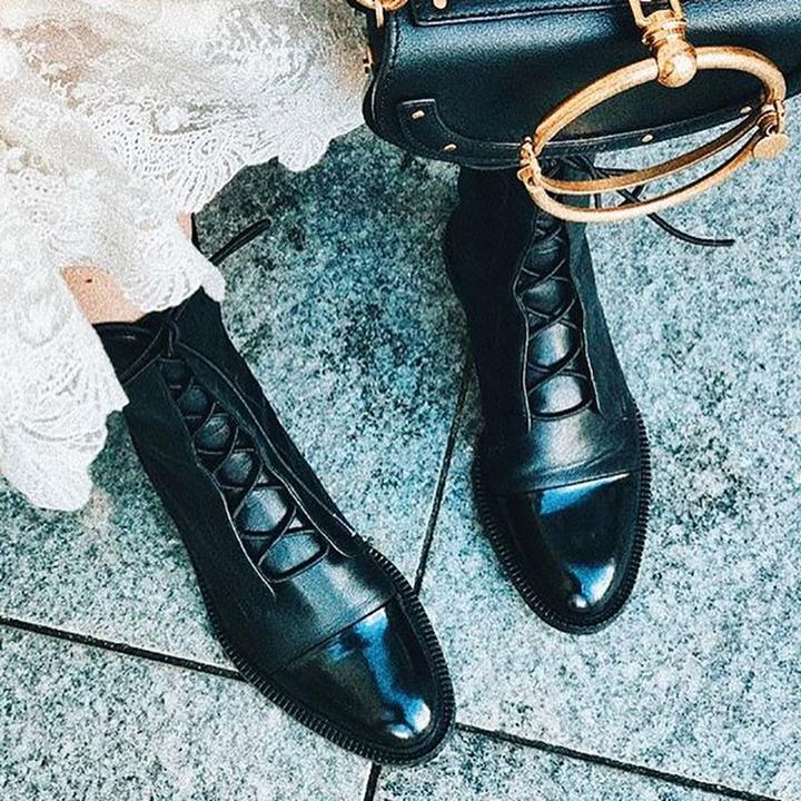 Céleste Fairvaux | Black Lace-Up Leather Combat Boots