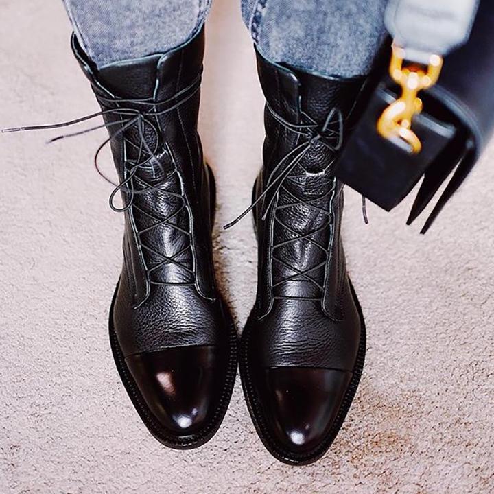 Céleste Fairvaux | Black Lace-Up Leather Combat Boots
