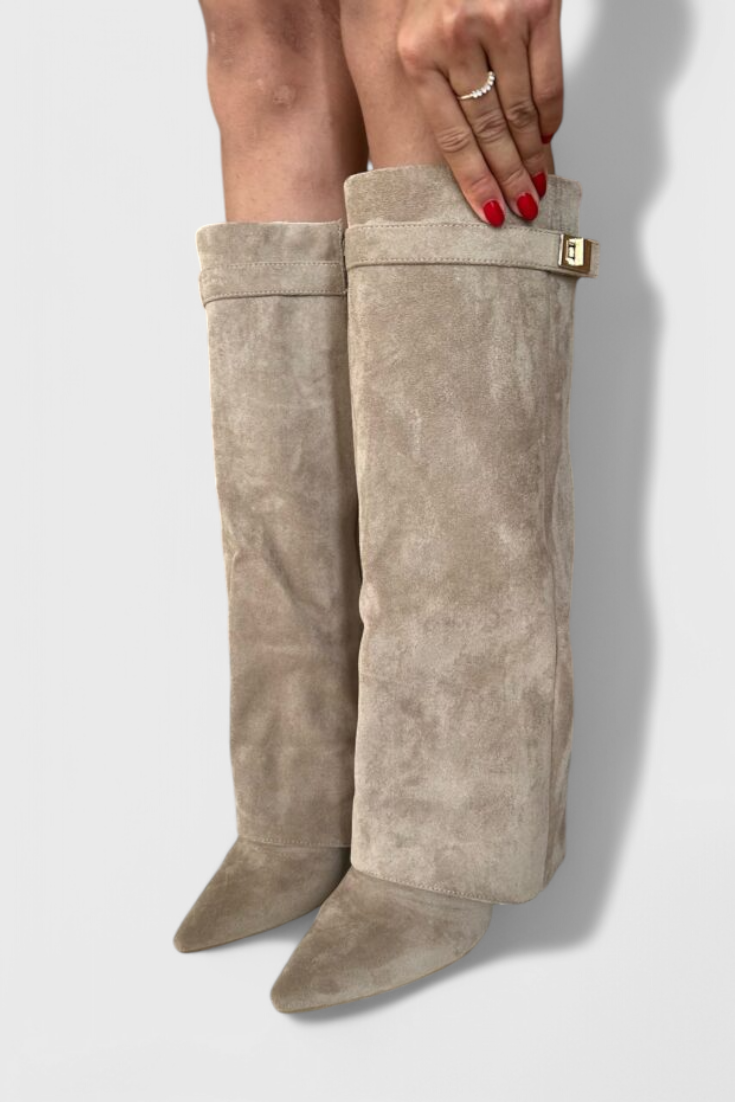 Simone Delacourt | Cream Suede Fold-Over Knee-High Boots