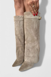Simone Delacourt | Cream Suede Fold-Over Knee-High Boots