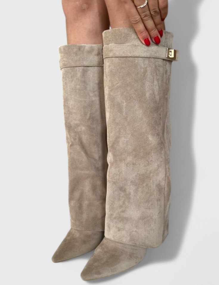 Simone Delacourt | Cream Suede Fold-Over Knee-High Boots