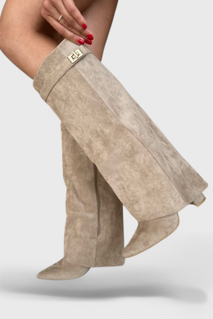 Simone Delacourt | Cream Suede Fold-Over Knee-High Boots