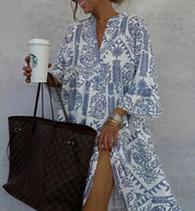 Rosette Clairmont | Blue & White Boho Print V-Neck Swing Dress