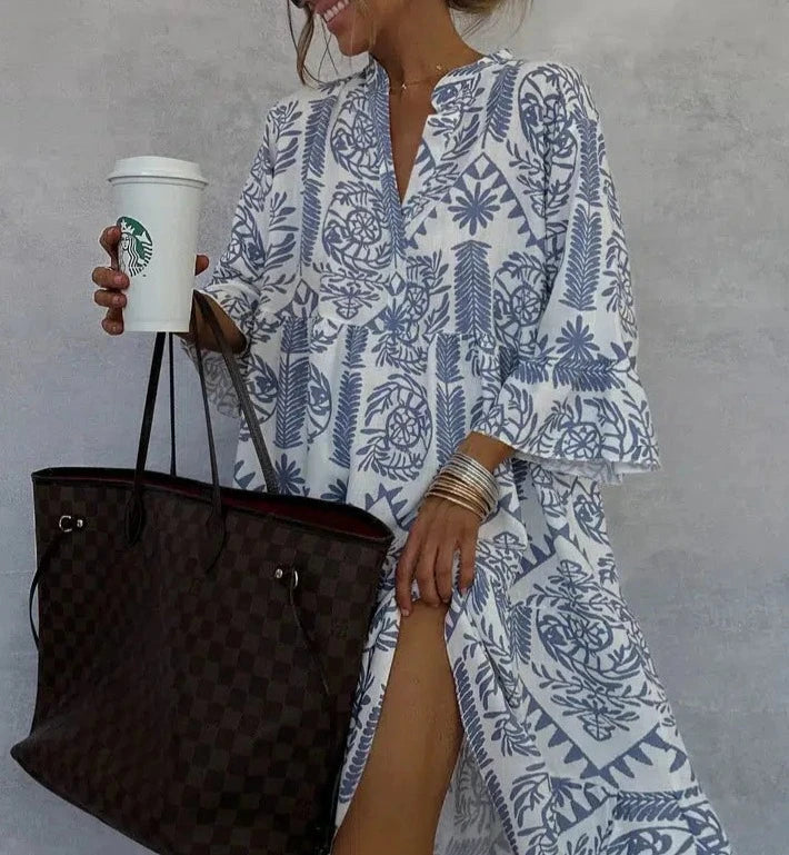 Rosette Clairmont | Blue & White Boho Print V-Neck Swing Dress