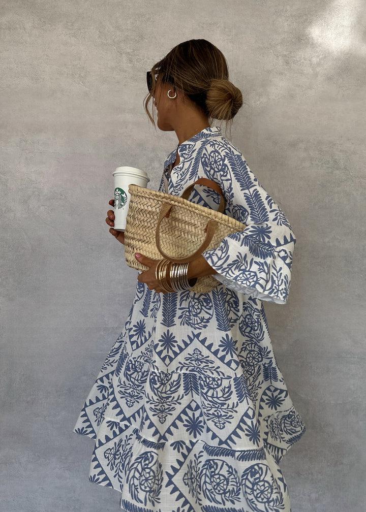 Rosette Clairmont | Blue & White Boho Print V-Neck Swing Dress