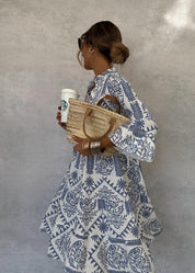 Rosette Clairmont | Blue & White Boho Print V-Neck Swing Dress