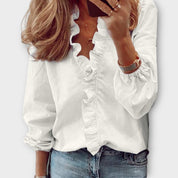 Camille Dufresne | White Ruffle Front V-Neck Long Sleeve Blouse