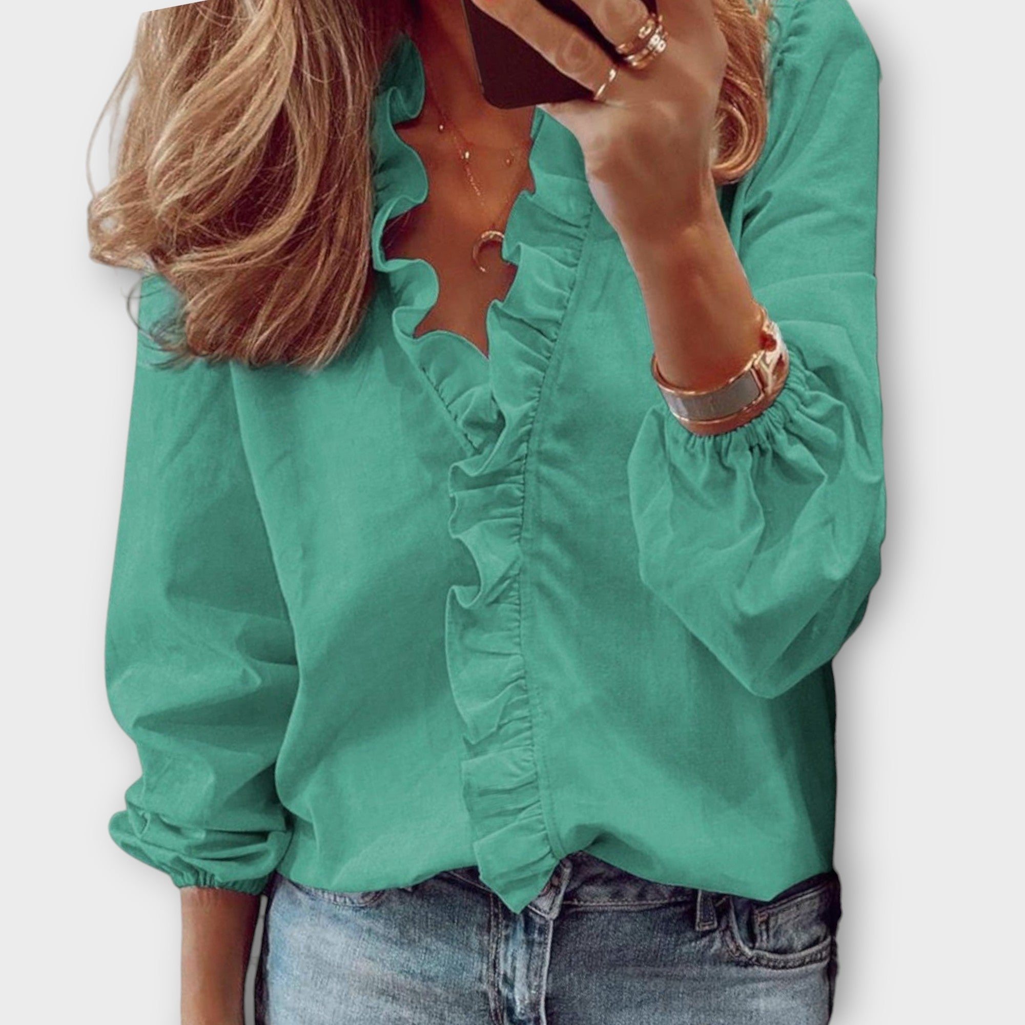 Camille Dufresne | White Ruffle Front V-Neck Long Sleeve Blouse