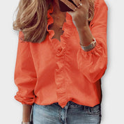 Camille Dufresne | White Ruffle Front V-Neck Long Sleeve Blouse