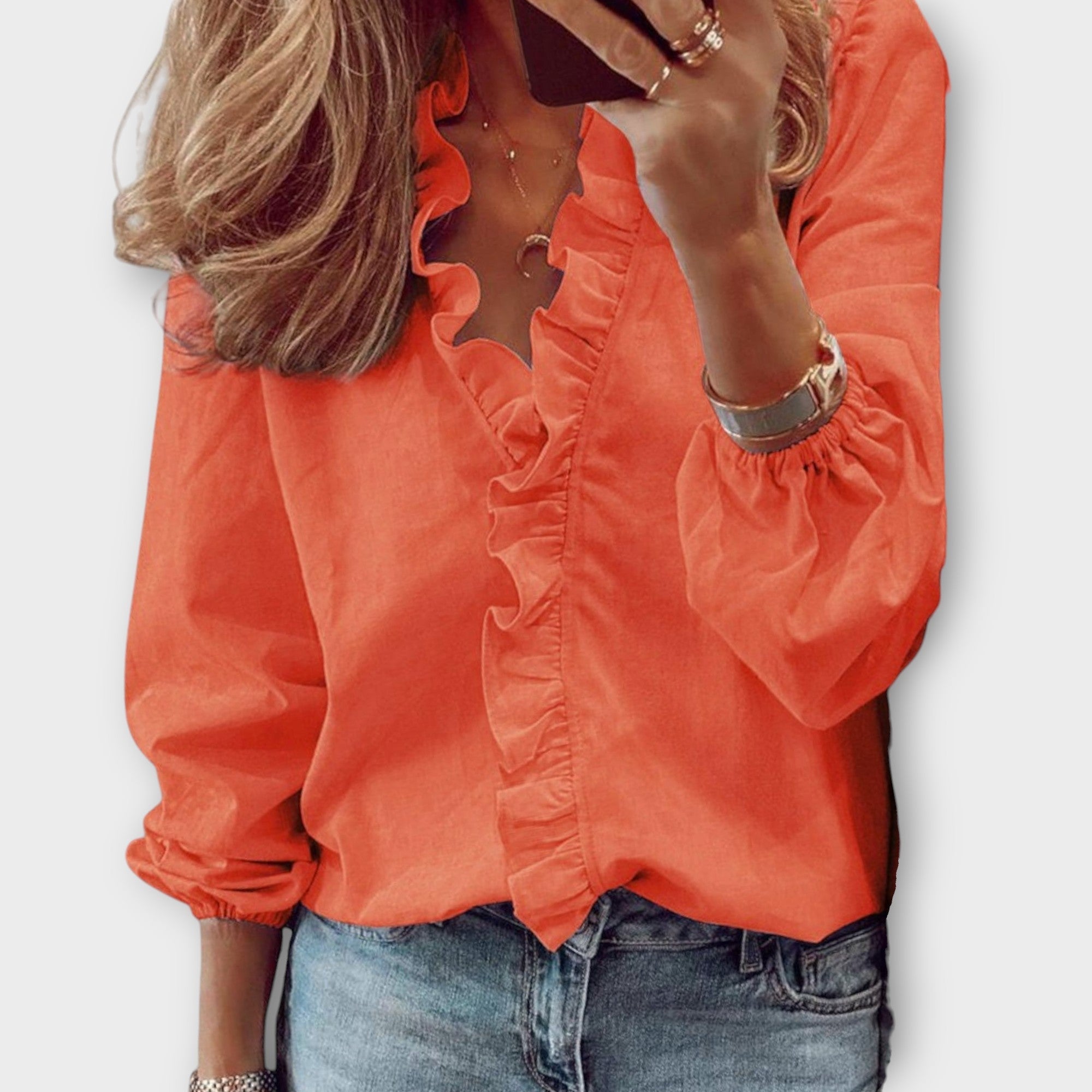 Camille Dufresne | White Ruffle Front V-Neck Long Sleeve Blouse