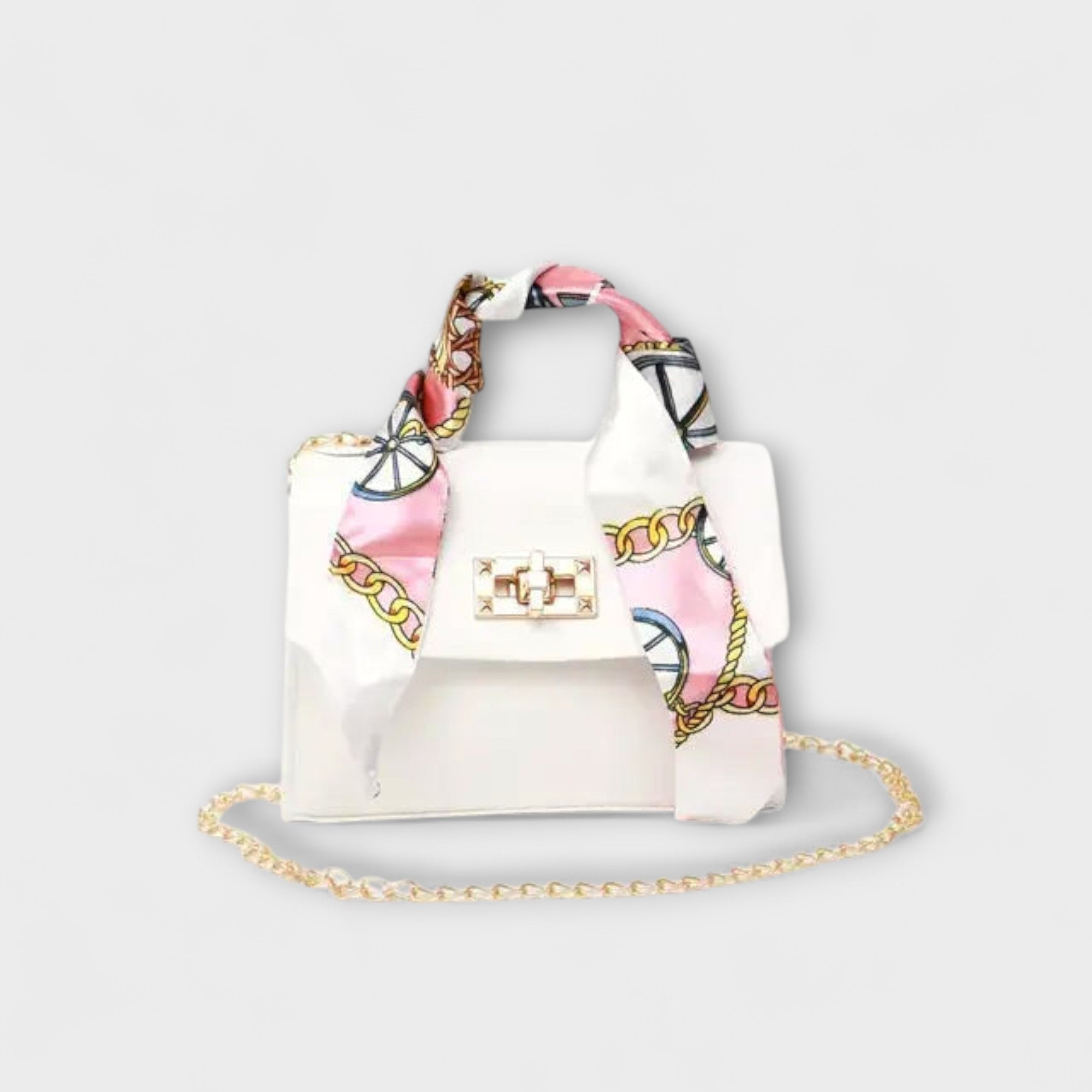 Juliette Moreau | Black Structured Handbag with Scarf Handle & Gold Chain