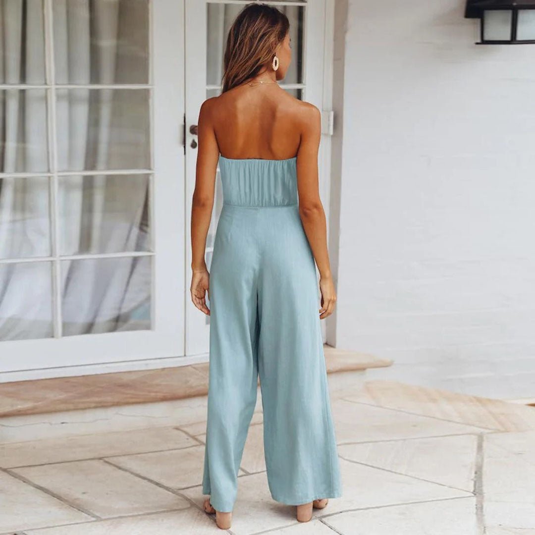 Clarisse Fontenard | Strapless Tie Waist Wide Leg Jumpsuit in Beige