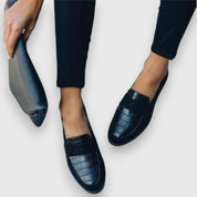 Genevra Winsford | Black Croc-Panel Penny Loafers