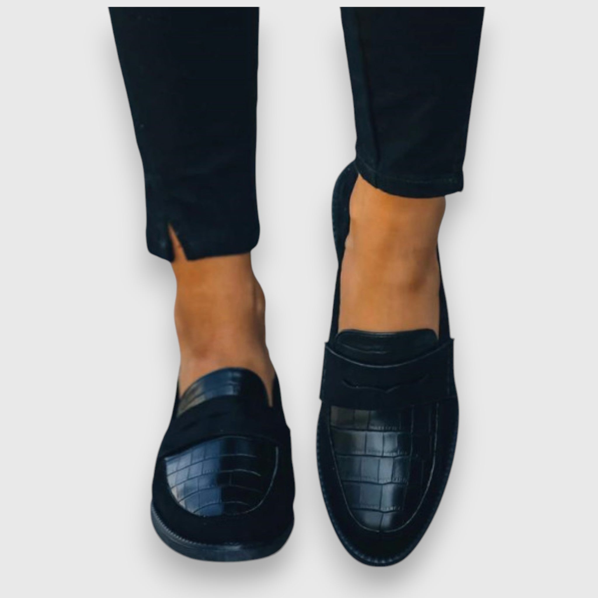 Genevra Winsford | Black Croc-Panel Penny Loafers