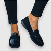 Genevra Winsford | Black Croc-Panel Penny Loafers