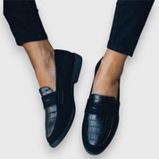 Genevra Winsford | Black Croc-Panel Penny Loafers