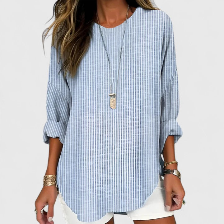 Louisa Fairencourt | Relaxed Striped Long Sleeve Blouse in Beige
