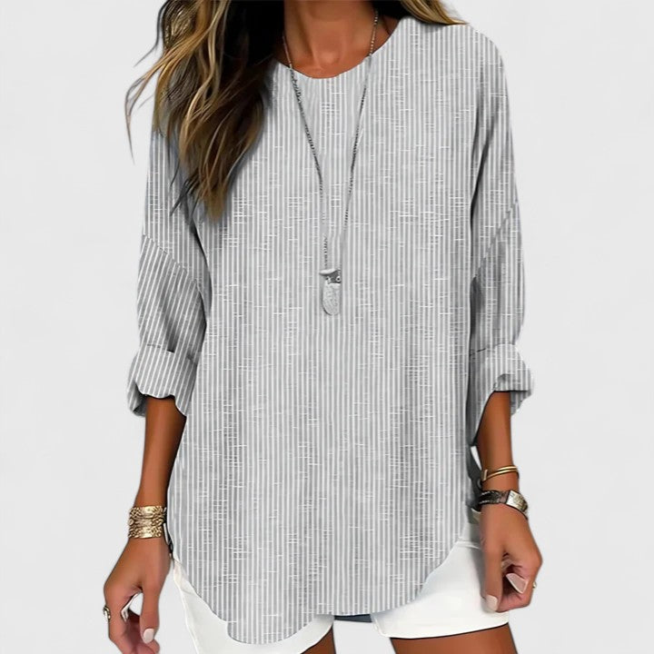 Louisa Fairencourt | Relaxed Striped Long Sleeve Blouse in Beige