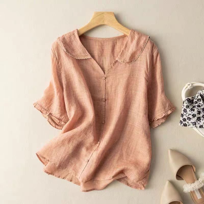 Amélie Fontblanc | Green Linen Blouse with Scalloped Peter Pan Collar