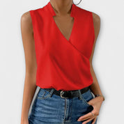 Vivienne Ravensworth | White Satin Sleeveless V-Neck Blouse