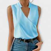 Vivienne Ravensworth | White Satin Sleeveless V-Neck Blouse