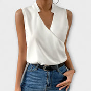 Vivienne Ravensworth | White Satin Sleeveless V-Neck Blouse