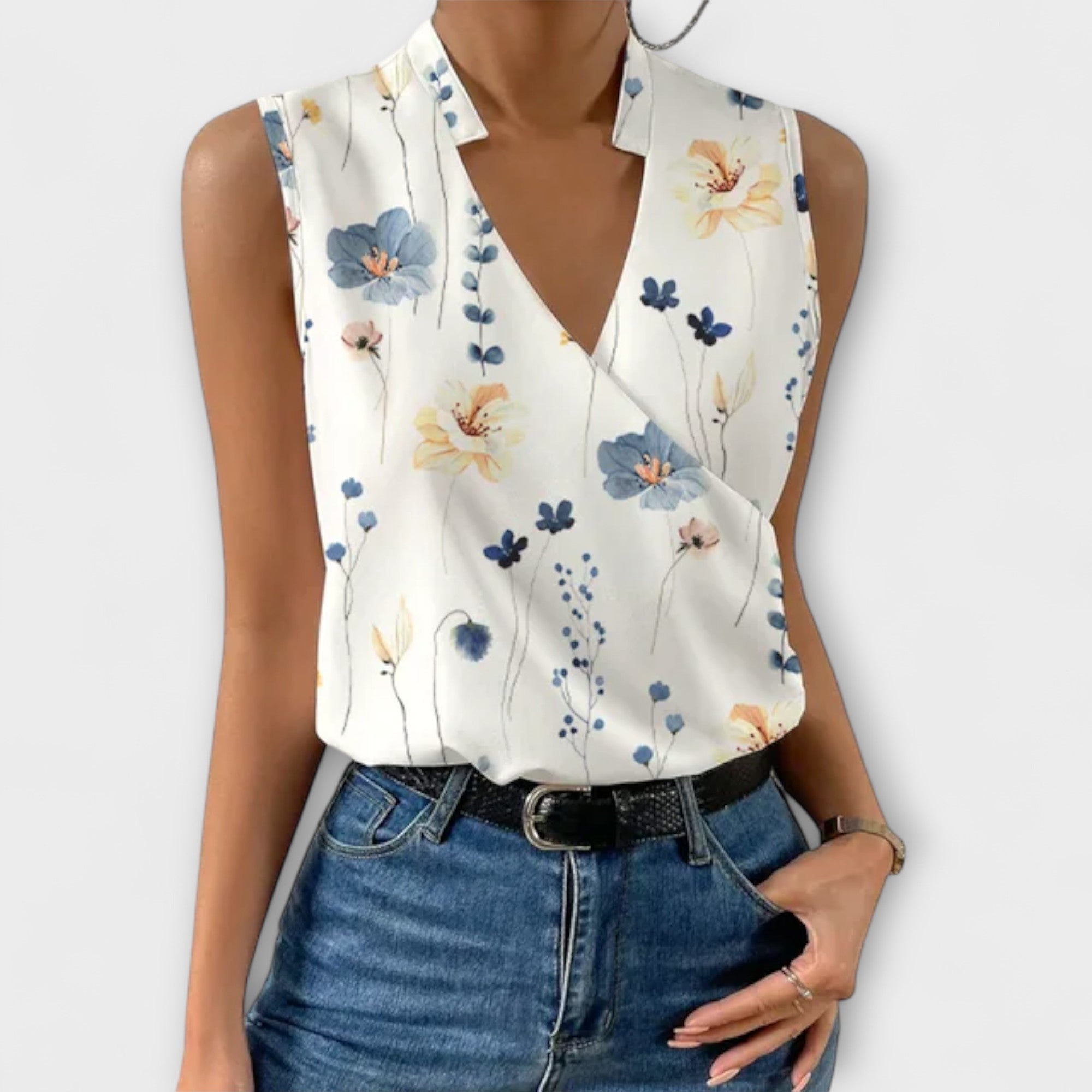 Vivienne Ravensworth | White Satin Sleeveless V-Neck Blouse
