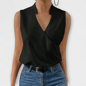 Vivienne Ravensworth | White Satin Sleeveless V-Neck Blouse