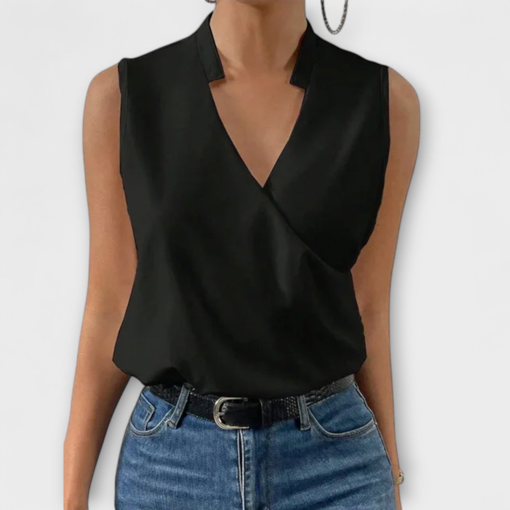 Vivienne Ravensworth | White Satin Sleeveless V-Neck Blouse