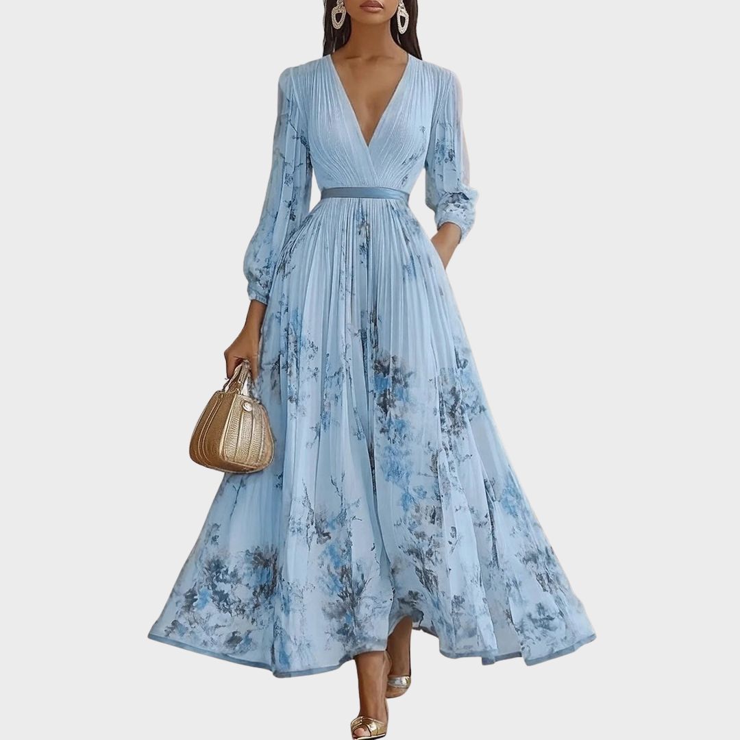 Édith Ravencombe | Floral Pleated Midi Dress with Deep V-Neck