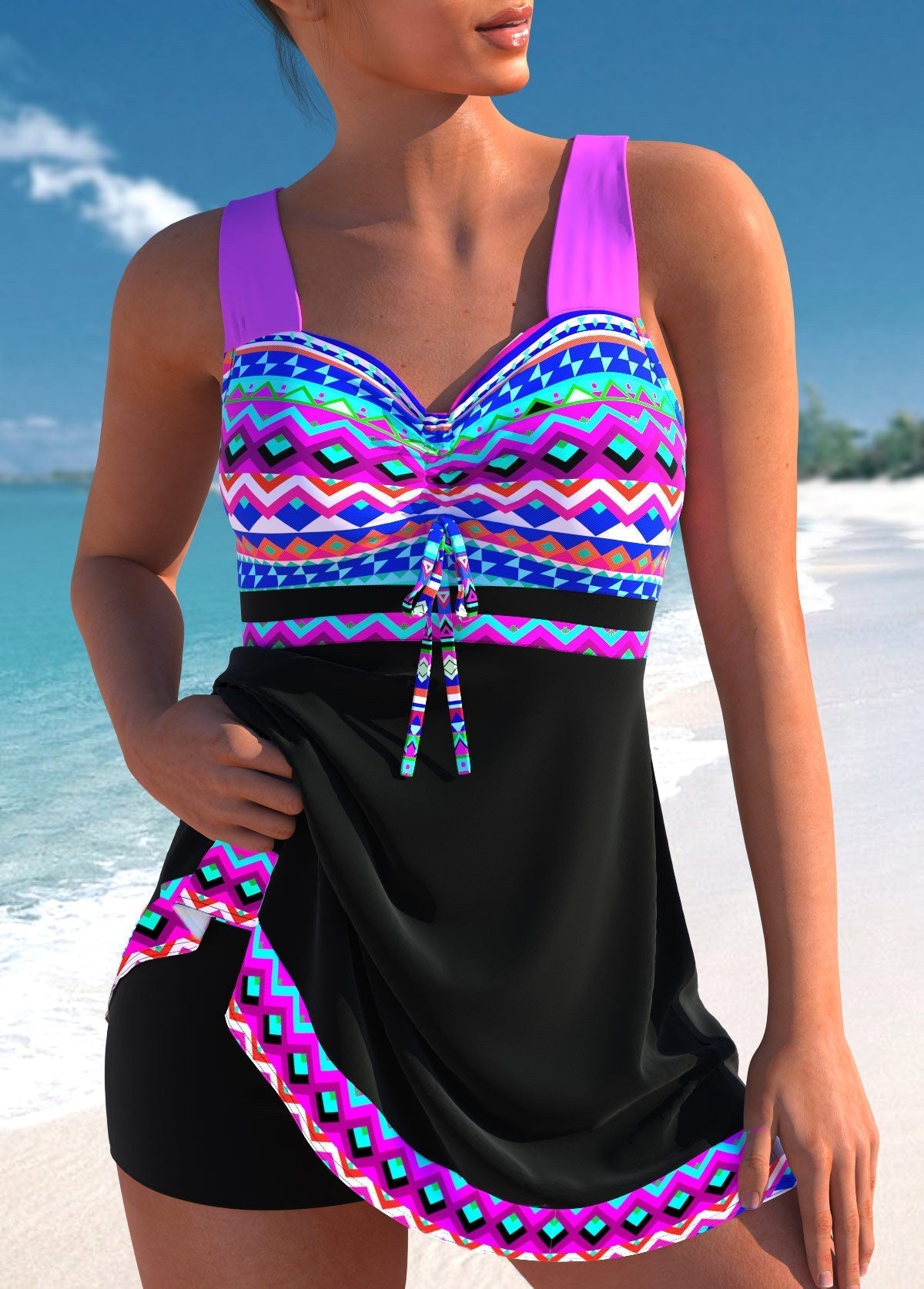 Natalie Ashbourne | Geometric Print Swim Dress with Built-In Shorts