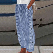 Emmeline Strathmore | Striped Linen-Cotton Button-Accent Trousers
