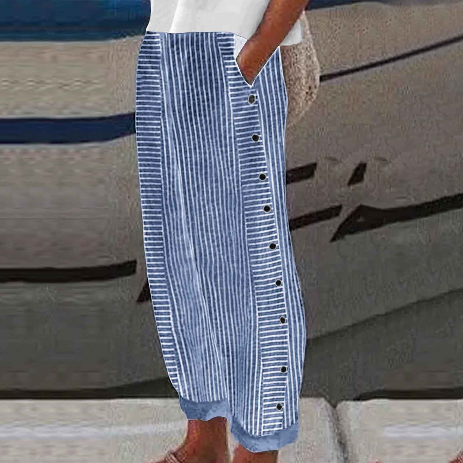 Emmeline Strathmore | Striped Linen-Cotton Button-Accent Trousers