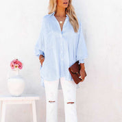 Claudia Fairmont | Oversized Blue Striped Button-Down Shirt with Smocked Cuffs