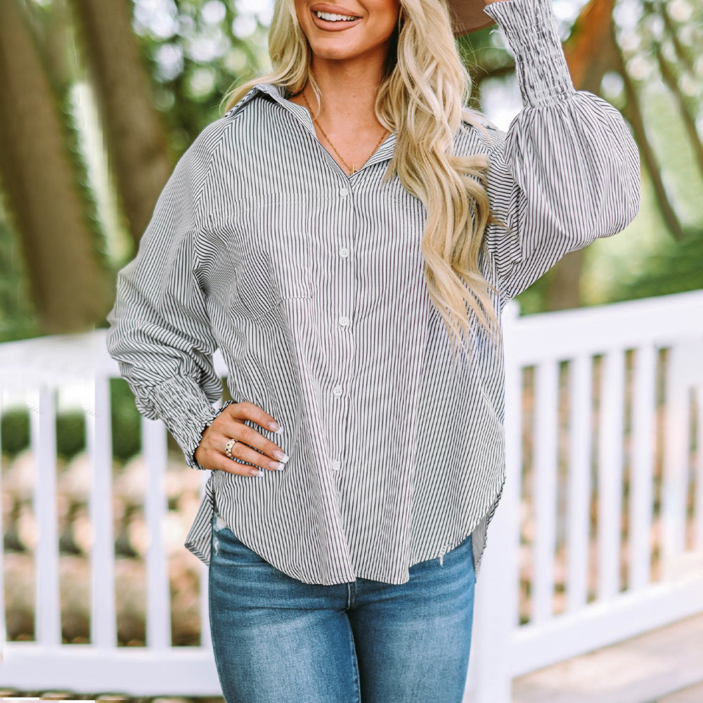 Claudia Fairmont | Oversized Blue Striped Button-Down Shirt with Smocked Cuffs