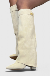 Simone Delacourt | Cream Suede Fold-Over Knee-High Boots