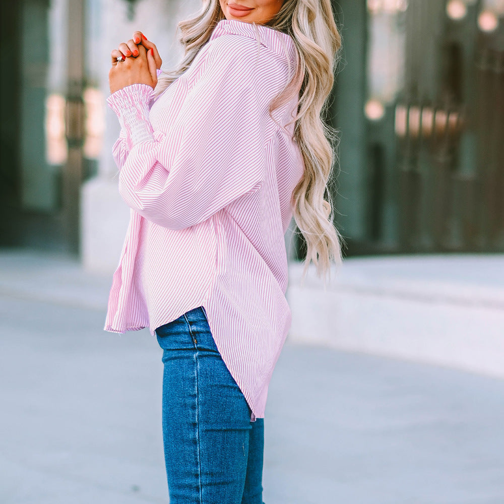 Claudia Fairmont | Oversized Blue Striped Button-Down Shirt with Smocked Cuffs