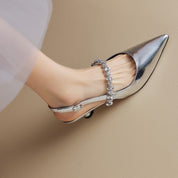 Cosette Wyndham | Silver Crystal Strap Slingback Pointed Toe Heels