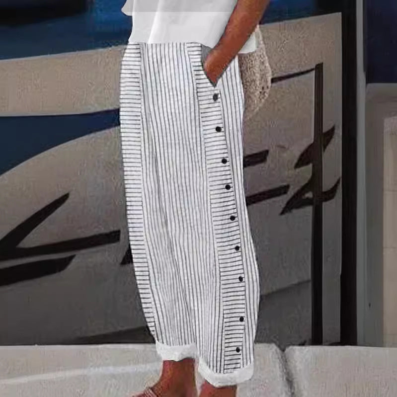 Emmeline Strathmore | Striped Linen-Cotton Button-Accent Trousers