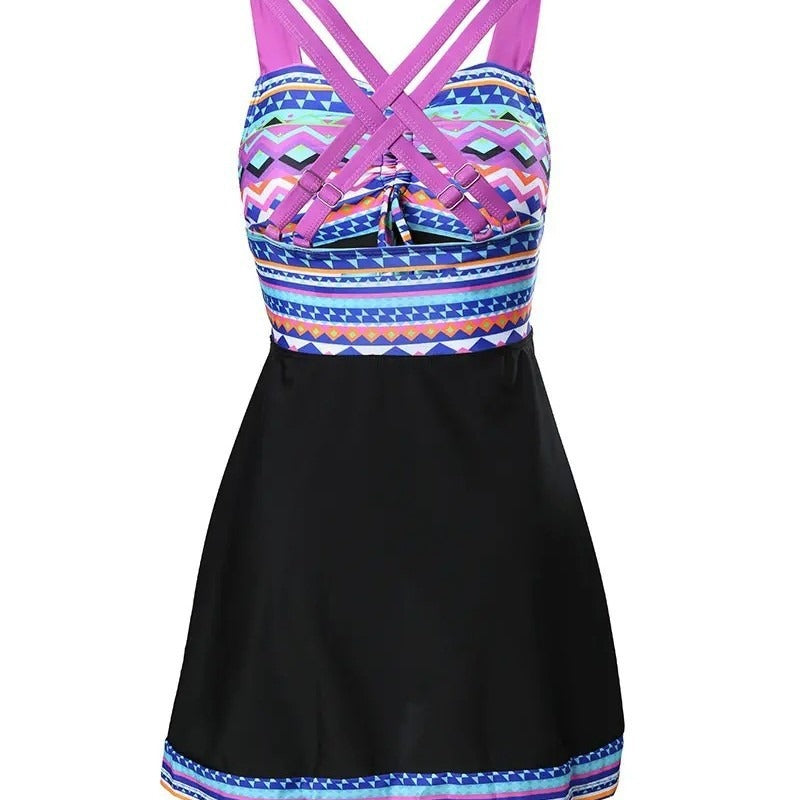 Natalie Ashbourne | Geometric Print Swim Dress with Built-In Shorts