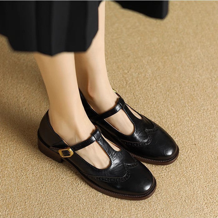 Vivienne Marcourt | Leather T-Strap Mary Jane Shoes with Brogue Detail