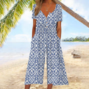 Amélie Fontenard | Blue Leaf Print Wide Leg Jumpsuit