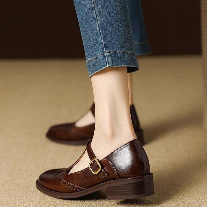 Vivienne Marcourt | Leather T-Strap Mary Jane Shoes with Brogue Detail