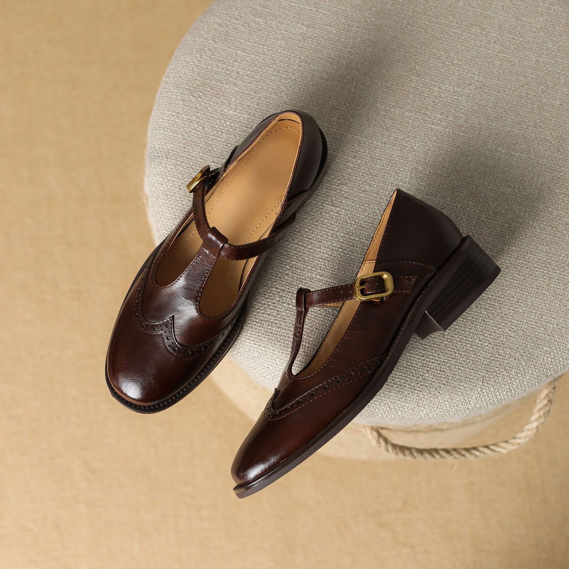 Vivienne Marcourt | Leather T-Strap Mary Jane Shoes with Brogue Detail