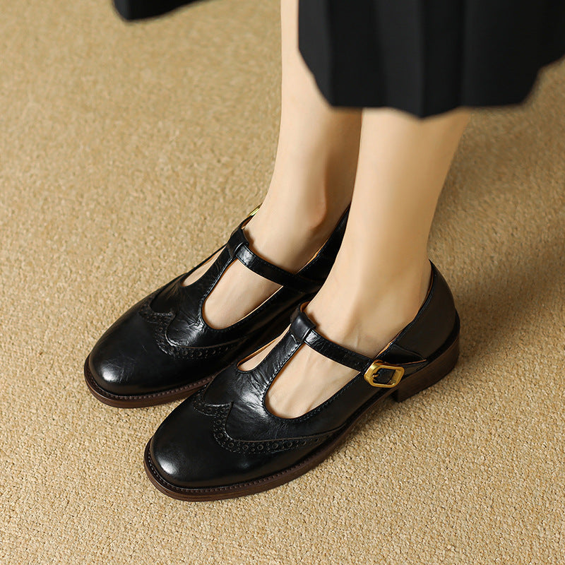 Vivienne Marcourt | Leather T-Strap Mary Jane Shoes with Brogue Detail