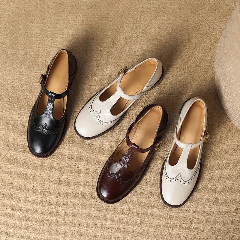 Vivienne Marcourt | Leather T-Strap Mary Jane Shoes with Brogue Detail